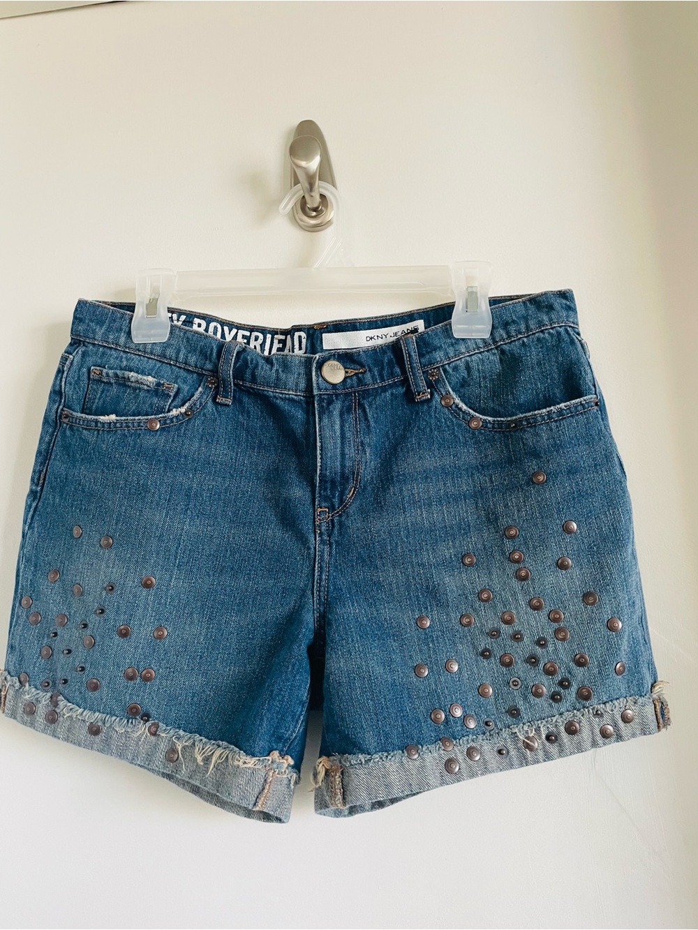 New W/O Tags DKNY Dark Blue Studded Rolled-Hem Denim Shorts